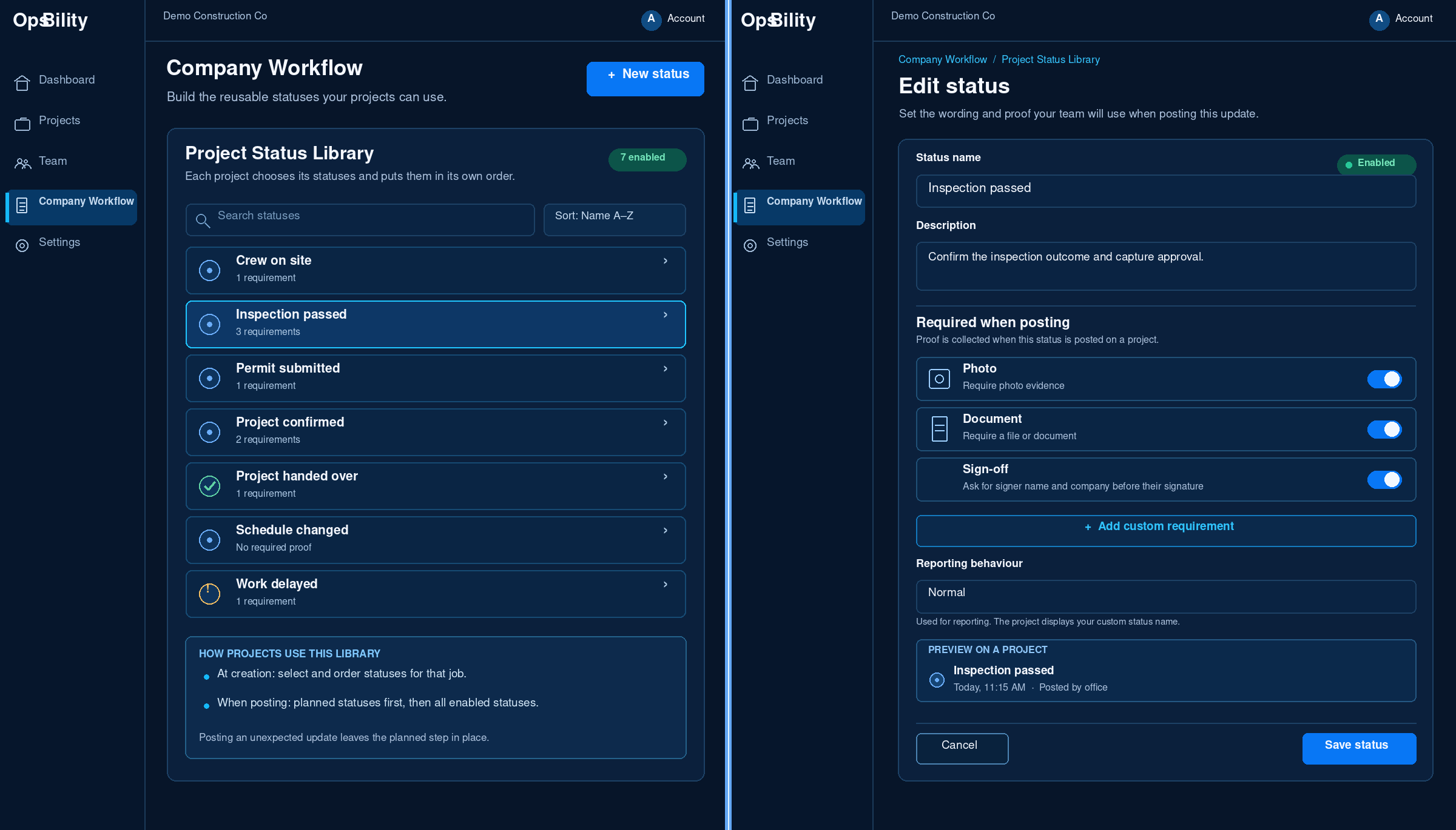 Illustration of the OpsBility Company Workflow status library and proof editor